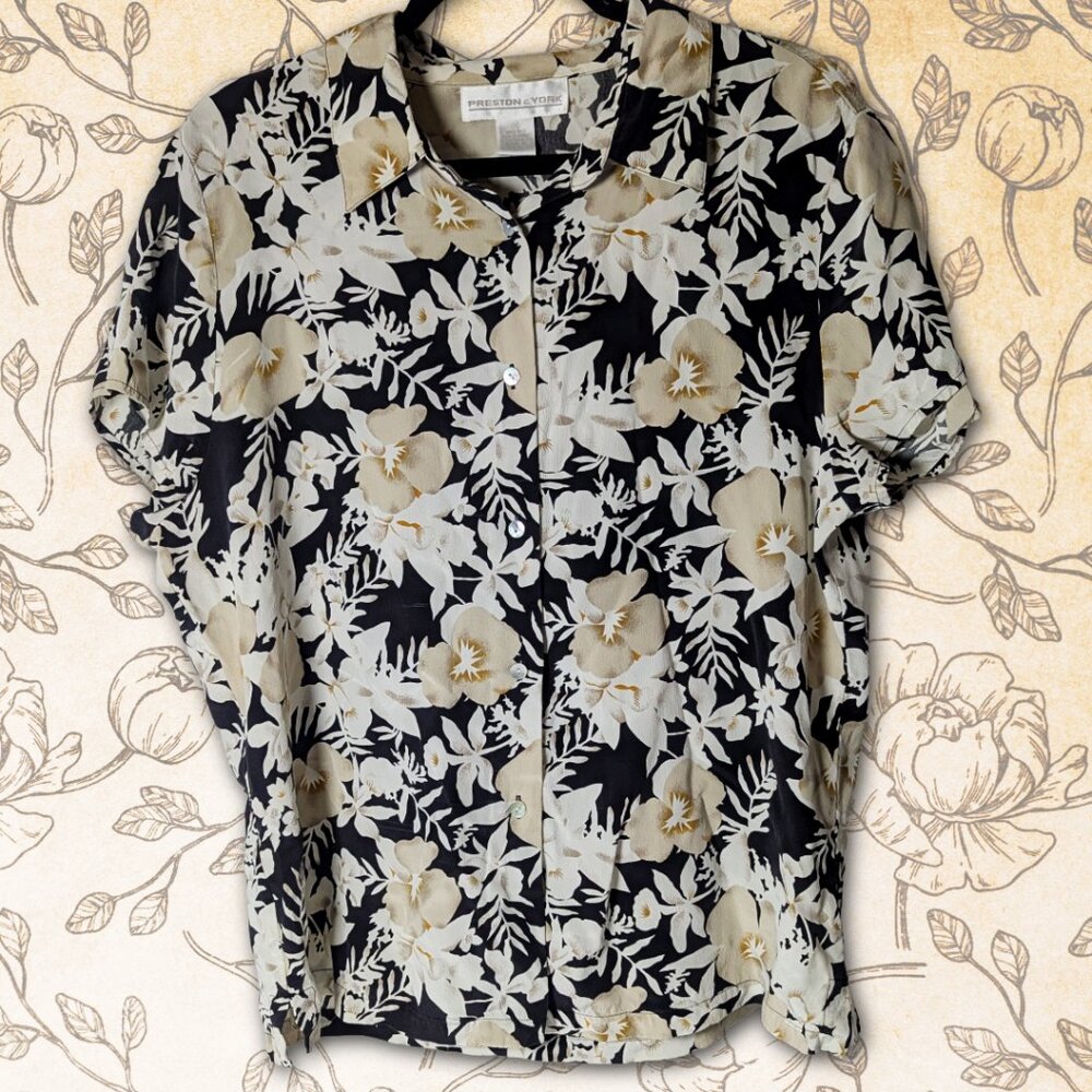 Vintage Preston & York 100% Silk Floral Button Down Blouse Top Size 14